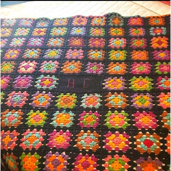 Other - Granny Square Afghan Throw Blanket Black Red Blue Green Handmade Vtg Monogrammed
